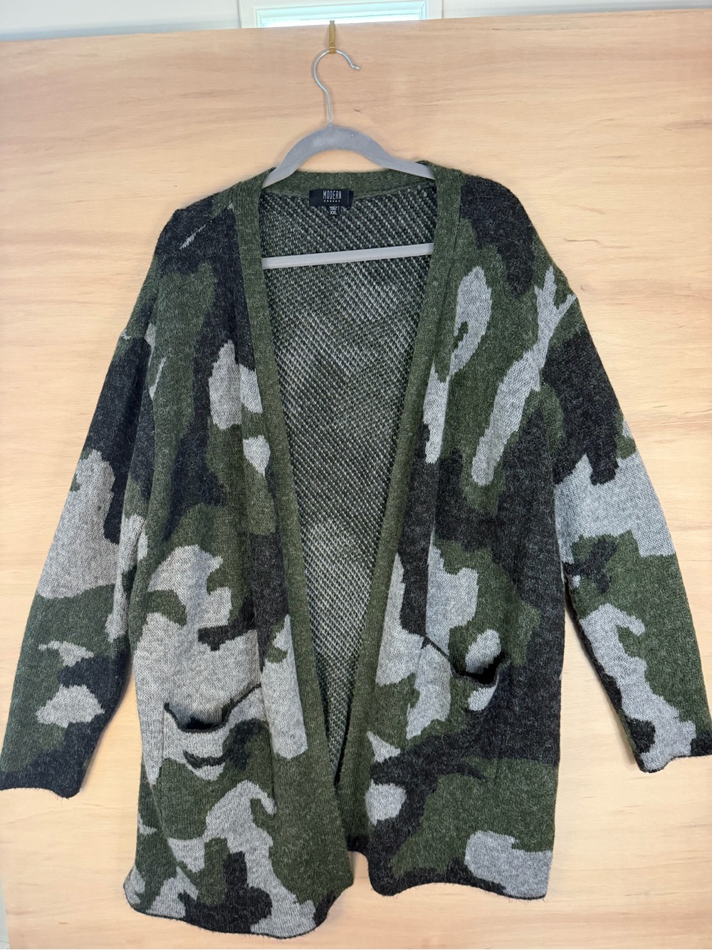 Open-Front Camouflage Knit Cardigan - Olive Green
